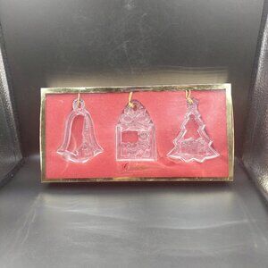Vintage Set of 3 Gorham Clear Lead Crystal Glass Ornaments Bell Gift Tree w/Box